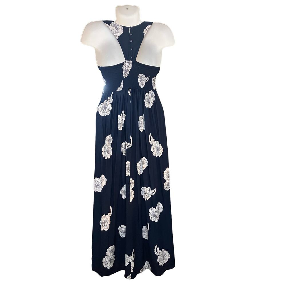 JAPNA Women's Navy Cream Floral Print Smocked Waist Maxi Boho Feminine Dress XS - Picture 2 of 10